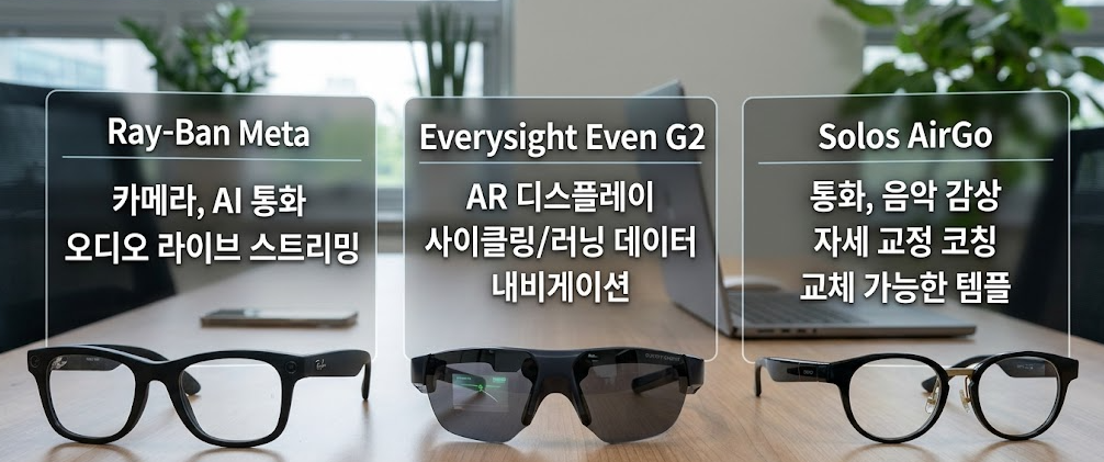 Ray-Ban Meta, Even G2, Solos AirGo를 실제 안경처럼 나란히 배치하고 각자의 특징을 나타낸 이미지