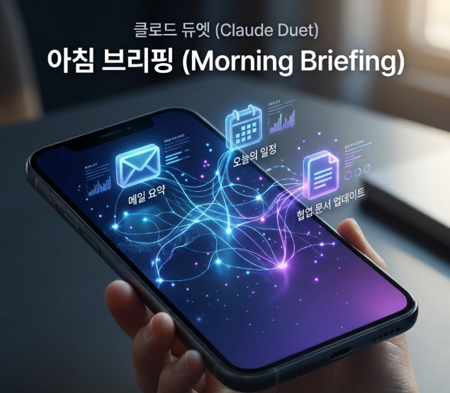 스마트폰과 메일·일정 아이콘으로 표현한 클로드 듀엣 아침 브리핑 설명용 이미지