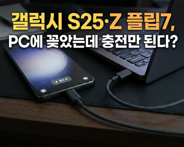 갤럭시 스마트폰을 USB 케이블로 노트북에 연결했지만 충전만 되는 상황을 표현한 대표 이미지