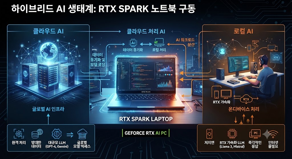 Cloud AI와 Local AI를 나눠 보여주고 RTX Spark 노트북이 중간에서 연결하는 인포그래픽