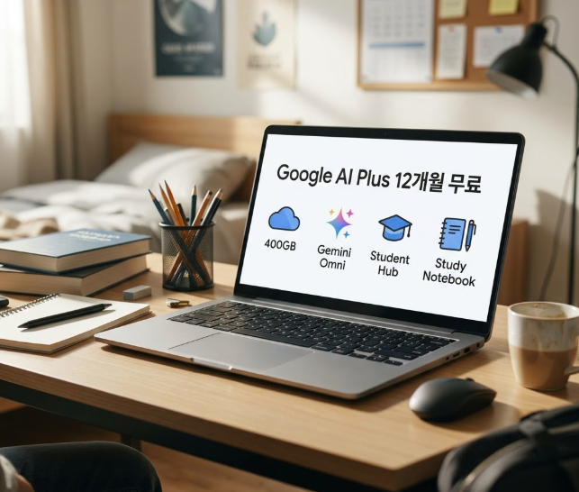 대학생 책상 위 노트북에 ‘Google AI Plus 12개월 무료’, 옆에 400GB·Gemini Omni·Student Hub·Study Notebook 아이콘. 
