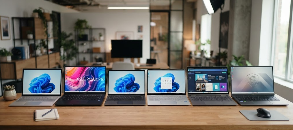 Surface Laptop Ultra, ASUS ProArt, Dell XPS, HP OmniBook, Lenovo Yoga, MSI Prestige를 한 줄로 배치한 이미지