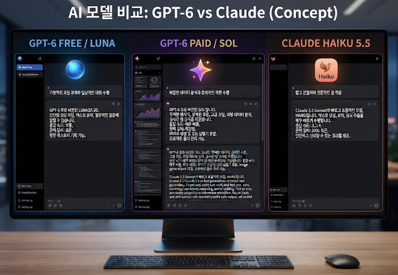 GPT-6 Free/Luna와 Paid/Sol, Claude Haiku 5.5를 한 화면에 비교한 이미지