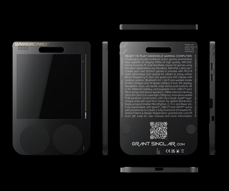 GamerCard®는 소매점에서 판매하는 상품권과 같은 모양과 크기로 설계되었으며, 여러 장의 PCB를 쌓아 만든 휴대용 게임 컴퓨터로, 바로 게임을 즐길 수 있습니다. Raspberry Pi®, 고해상도(254 PPI) 4인치 정사각형 IPS 화면, 그리고 10개의 촉각 스냅돔 내비게이션 버튼이 내부에 탑재되어 있습니다.