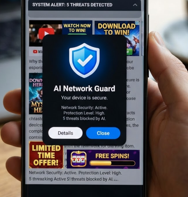 갤럭시 스마트폰 화면에 ‘광고 팝업’이 여러 개 떠 있고, 중앙에는 방패 아이콘과 ‘AI Network Guard’ 문구