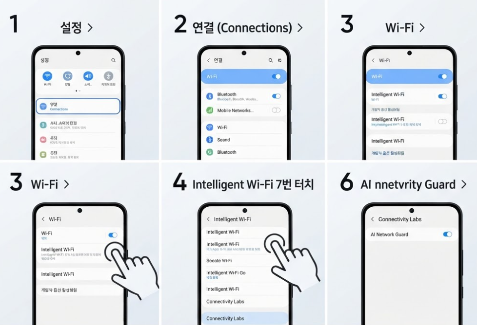 설정 → 연결 → Wi-Fi로 이동합니다.
오른쪽 위 점 세 개 → Intelligent Wi-Fi를 엽니다.
해당 화면의 Intelligent Wi-Fi 표시를 7번 눌러 Connectivity Labs 항목이 나타나는지 확인합니다.
Connectivity Labs → AI Network Guard가 있는지 확인합니다.
Guardian PIN 설정 안내를 읽고 PIN을 지정합니다. 잊지 않도록 안전하게 관리하세요. 내용의 설명 이미지