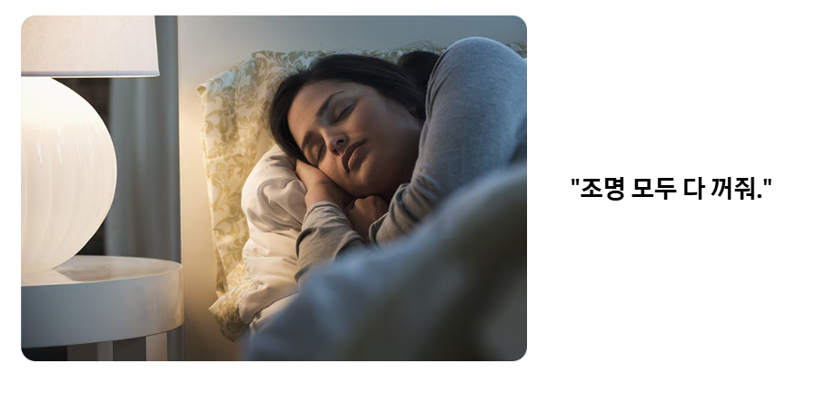 빅스비 잠자리에 누운 사람과 빅스비로 집안 조명을 끄는 예시