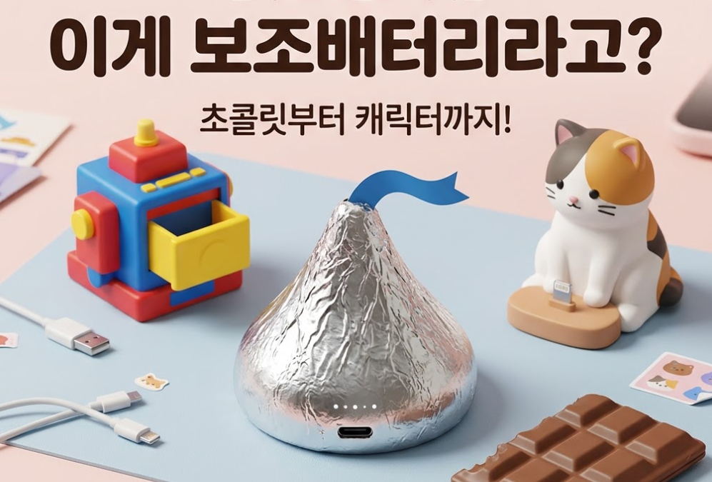 이게 보조배터리라고? 문구와 함께 은박 초콜릿·로봇·고양이 형태의 충전 소품을 표현한 콘셉트 이미지