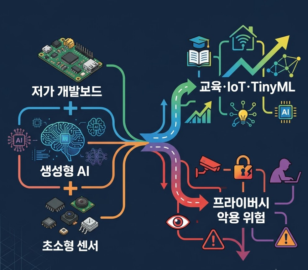 저가 개발보드·생성형 AI·초소형 센서가 교육 활용과 프라이버시 악용 위험으로 이어지는 양면성 개념도