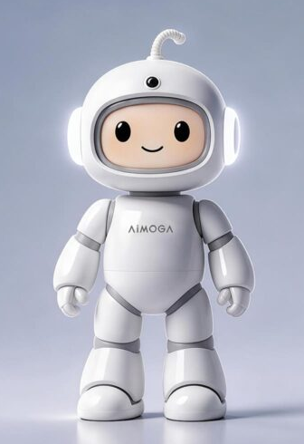 둥근 얼굴과 흰색 몸체를 가진 Mobo 로봇의 전신 모습