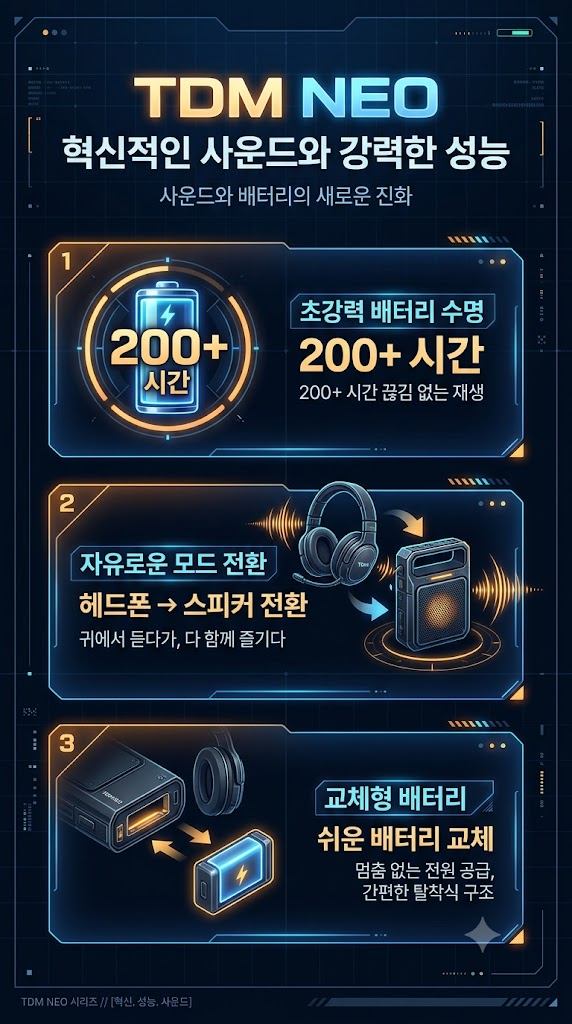 TDM Neo의 장점과 확인할 점: 200시간 배터리·교체형 부품·ANC 없음·약 340g