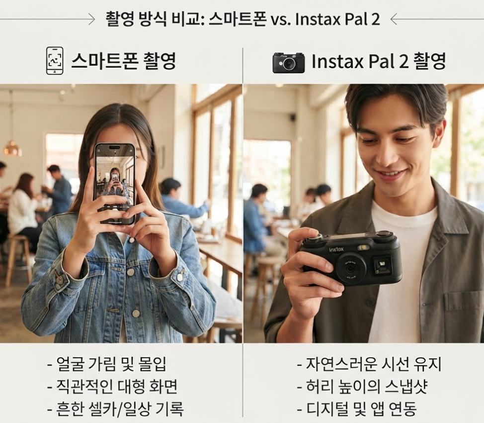 스마트폰 촬영과 작은 카메라 촬영의 자세를 비교한 설명용 이미지