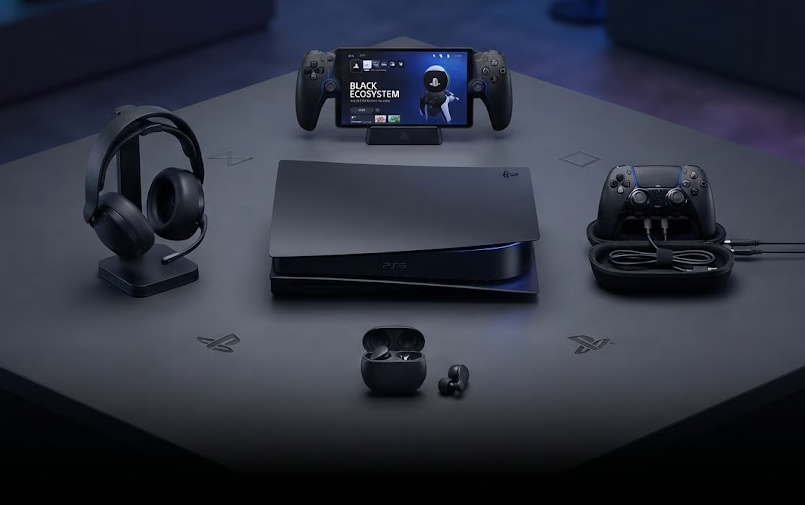 PS5 미드나이트 블랙 본체를 중심으로 검은색 DualSense Edge, PlayStation Portal, Pulse Elite 헤드셋, Pulse Explore 이어버드를 원형으로 배치한 ‘ALL BLACK PlayStation 생태계’ 제품 이미지