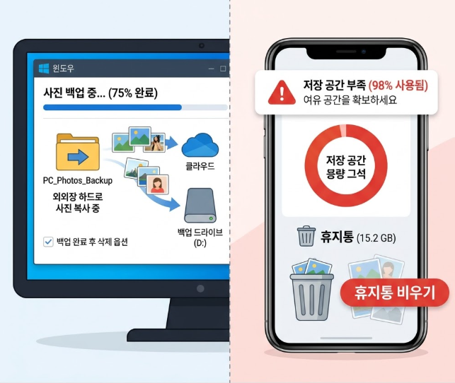 PC 사진 백업과 휴대전화 저장공간·휴지통 정리를 비교한 설명용 도식으로 수치는 예시