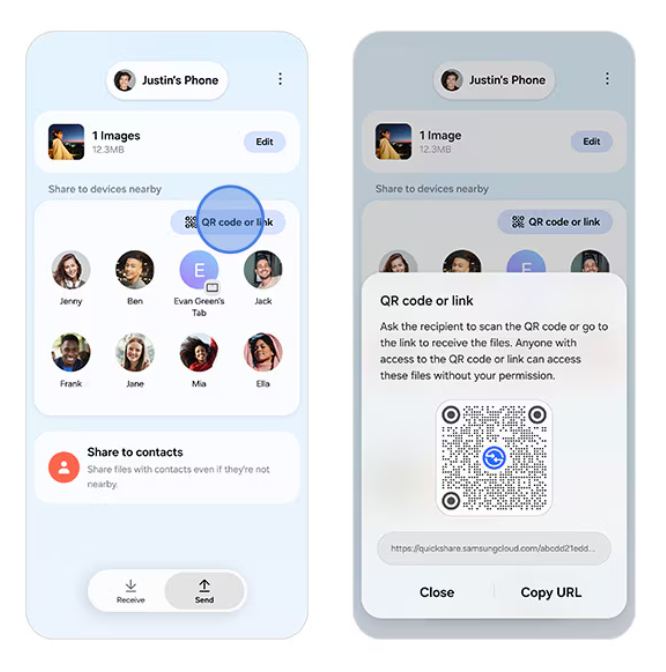 Quick Share의 QR 코드 또는 링크 공유 메뉴를 여는 예시