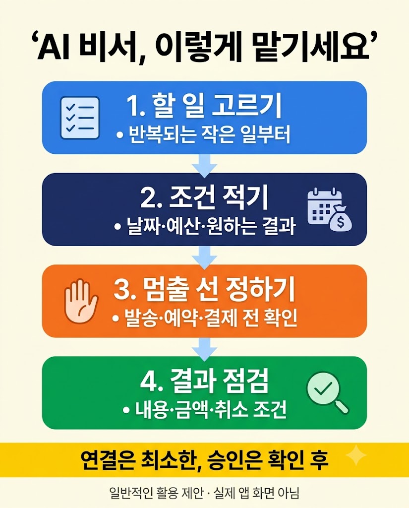 AI 비서에게 작은 일을 고르고 조건과 중단 기준을 정한 뒤 실행 내용까지 확인하도록 안내하는 인포그래픽.