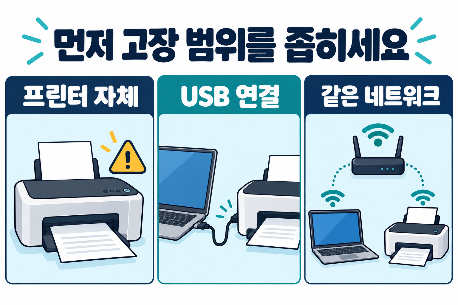 프린터 자체 오류, USB 연결, 같은 네트워크를 구분하는 점검 그림