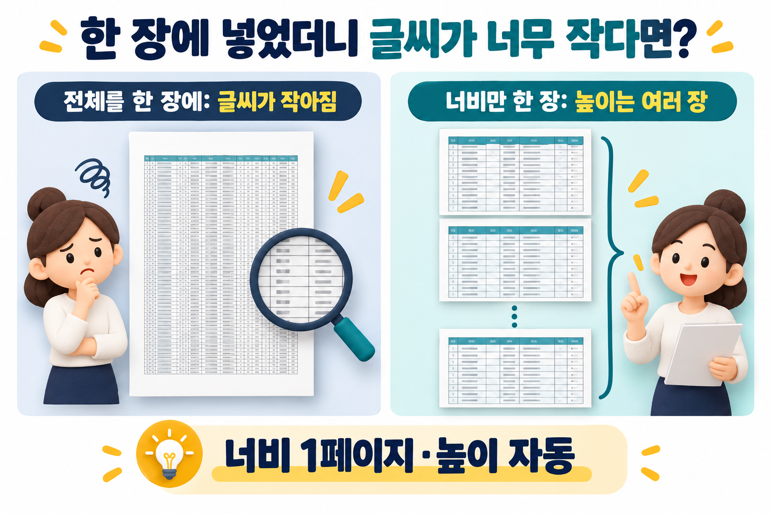 긴 표 전체를 한 장에 넣으면 글씨가 작아지고 너비만 한 페이지로 맞추면 여러 장에 읽기 쉽게 인쇄되는 비교
