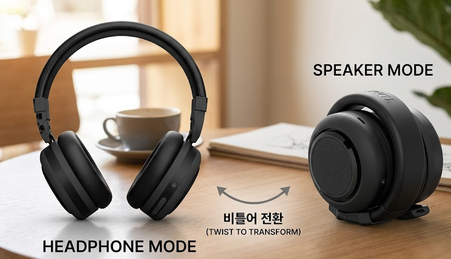 TDM Neo를 펼친 헤드폰 모드와 비틀어 접은 스피커 모드를 나란히 보여주는 이미지