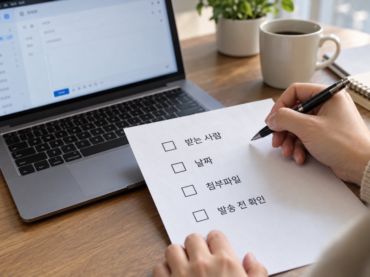 이메일을 보내기 전 받는 사람, 날짜, 첨부파일을 체크하는 가상 장면
