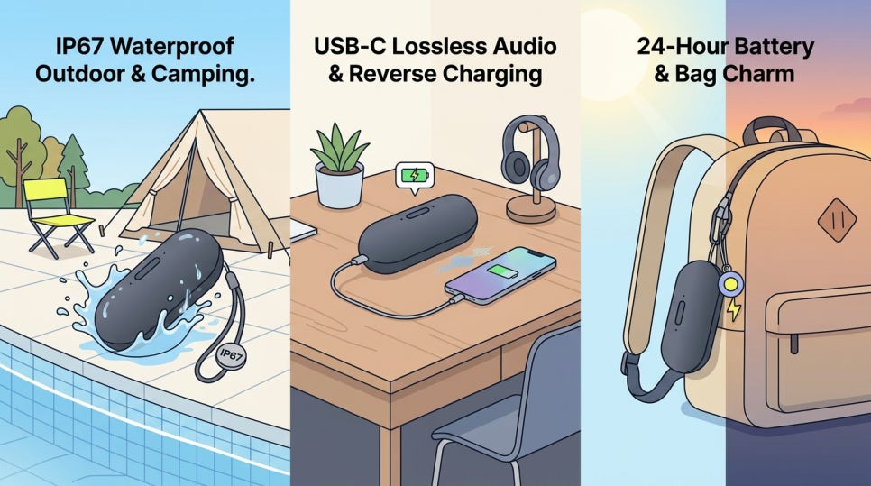 야외 사용·USB-C 연결·가방 휴대를 세 장면으로 나눈 스피커 활용 콘셉트 그림
