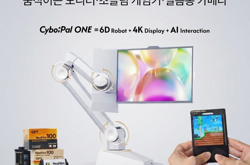 로봇팔 모니터, 카드형 게임기, 필름통 카메라가 한 화면에 모인 대표 이미지