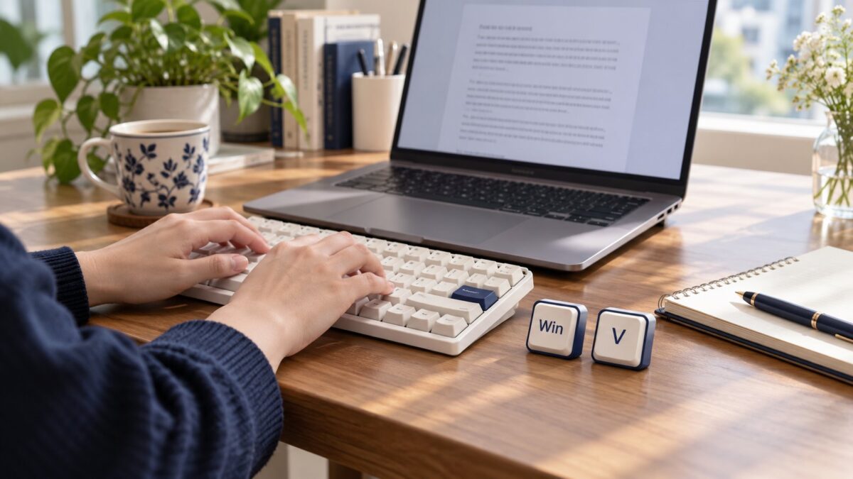 문서를 작성하는 노트북과 키보드 옆에 Win·V 키 모양 카드를 놓은 실사형 연출 이미지