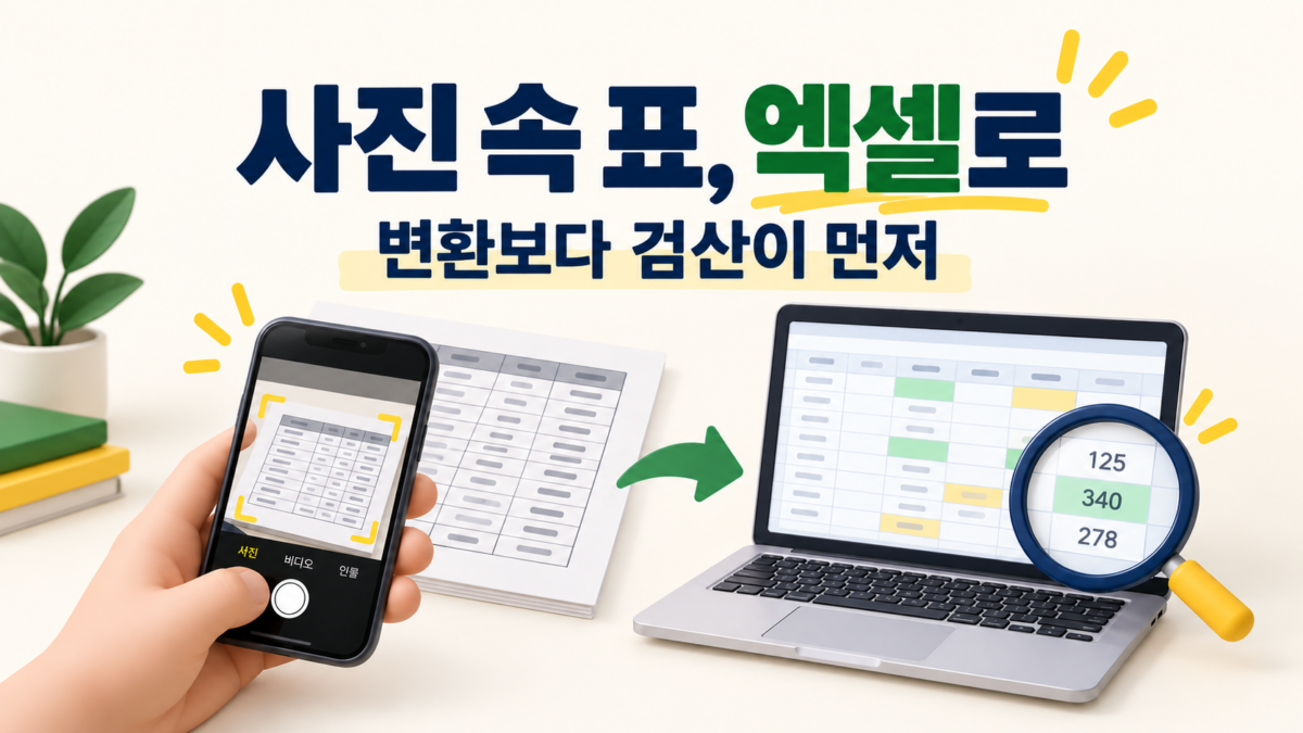사진 속 표를 엑셀 데이터로 옮기고 원본과 숫자를 검산하는 과정을 표현한 AI 생성 설명용 이미지