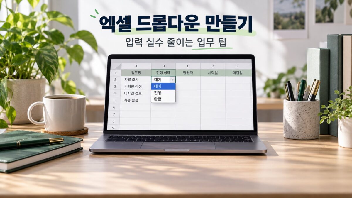 대기·진행·완료 상태를 선택하는 엑셀 업무표와 노트북을 표현한 AI 제작 대표 이미지