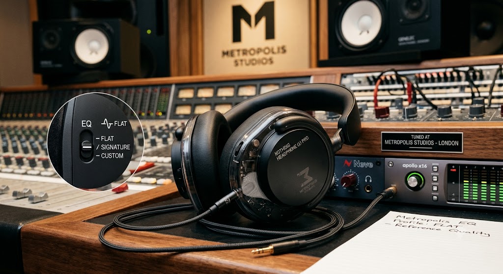낫띵 Headphone (1) Pro는 런던의 메트로폴리스 스튜디오와 튜닝을 함께했고, 여기에 특이한 기능을 하나 넣었습니다. Flat EQ입니다.