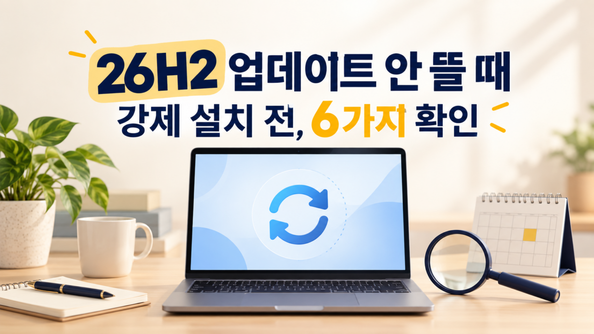 노트북과 업데이트 아이콘으로 윈도우 11 26H2 강제 설치 전 여섯 가지 확인을 안내하는 대표 이미지