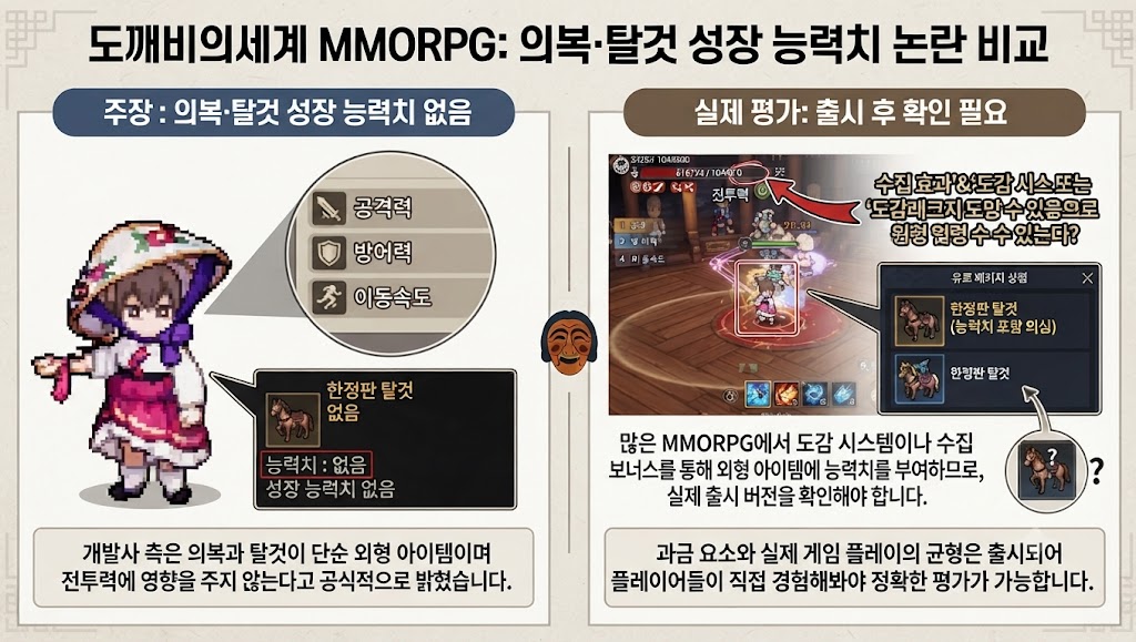 도깨비의세계 ‘의복·탈것 성장 능력치 없음’과 ‘실제 무과금 평가는 출시 후 확인’ 비교 이미지