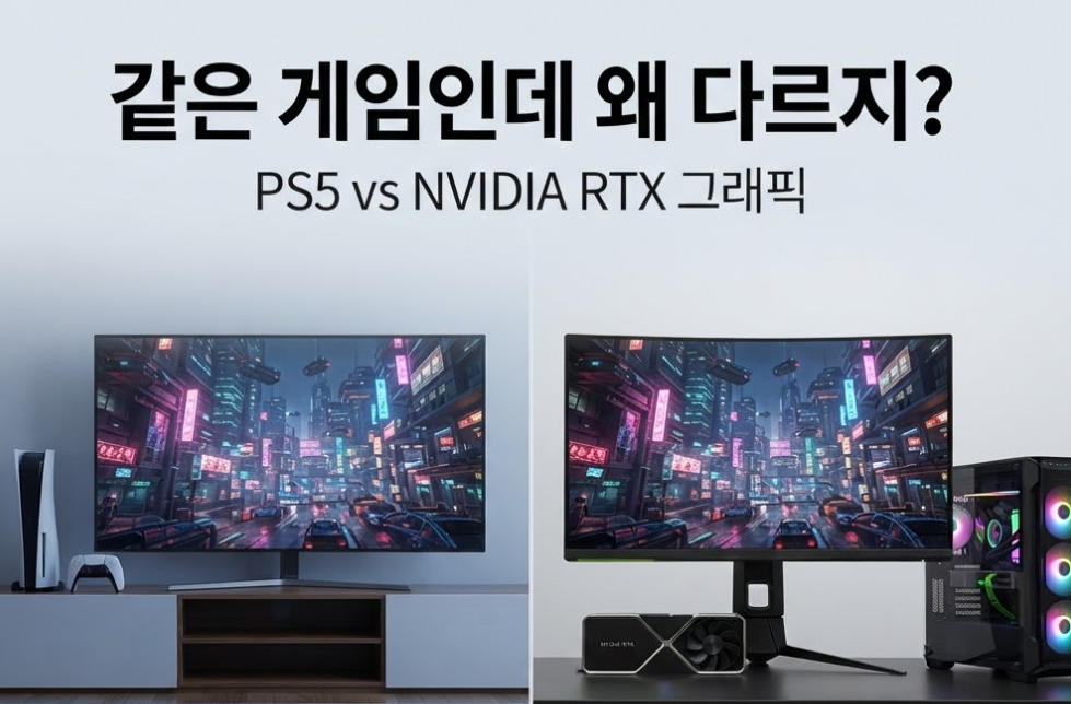 같은게임인데 왜 다르지 문구의 PS5와 NVIDIA RTX비교 이미지