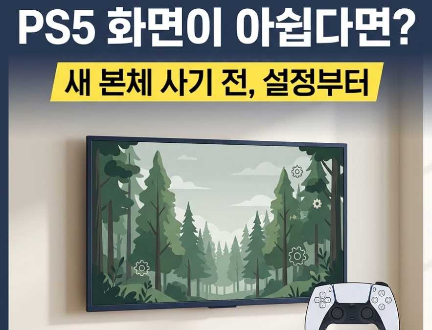 거실 TV와 컨트롤러, 톱니바퀴 아이콘으로 PS5를 교체하기 전에 화면 설정부터 확인하자는 내용을 소개하는 썸네일