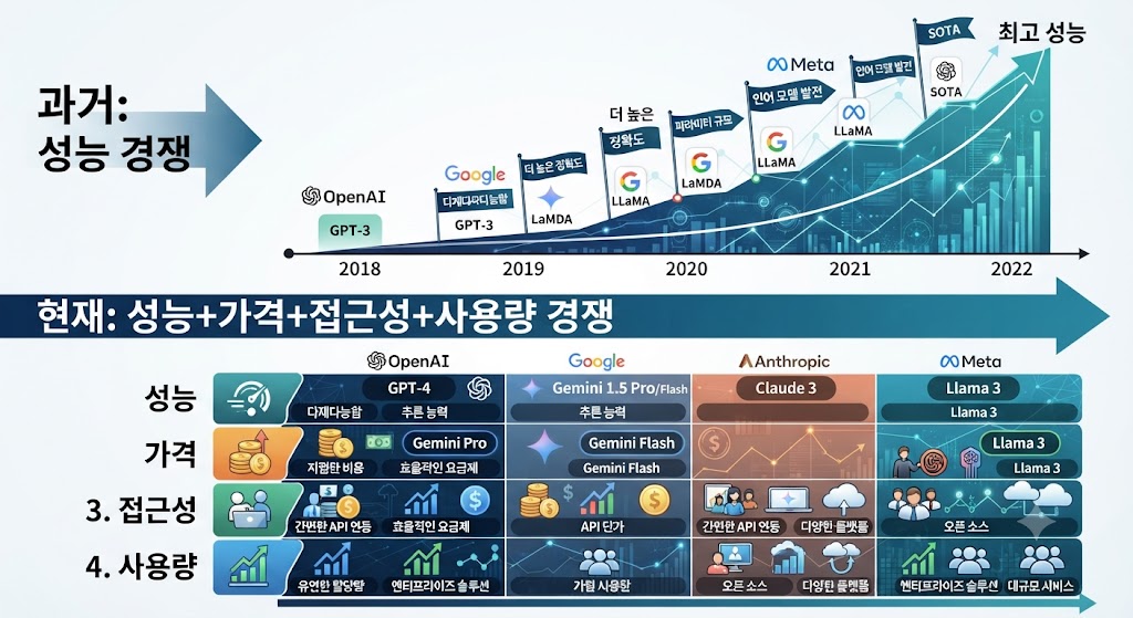 AI : 과거 ‘성능 경쟁’ → 현재 ‘성능+가격+접근성+사용량 경쟁’ 변화 이미지