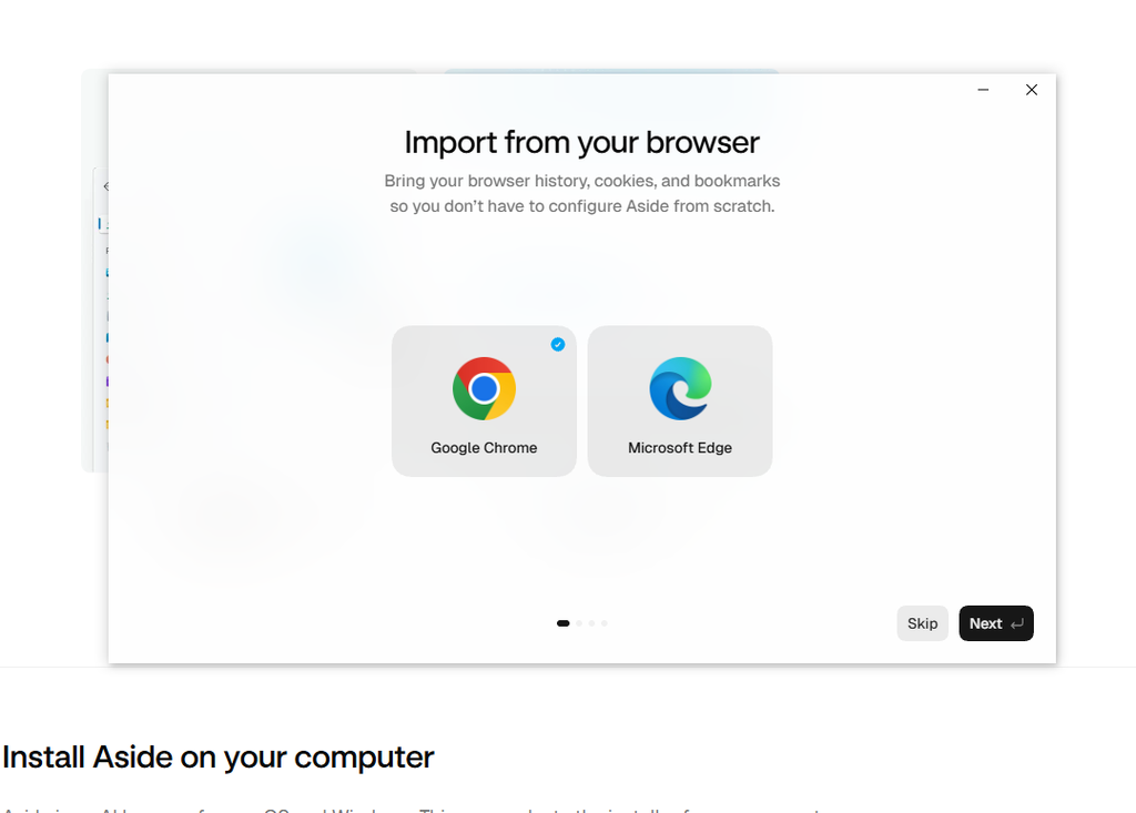 Aside에서 Chrome 또는 Edge의 브라우저 데이터를 가져오는 선택 화면