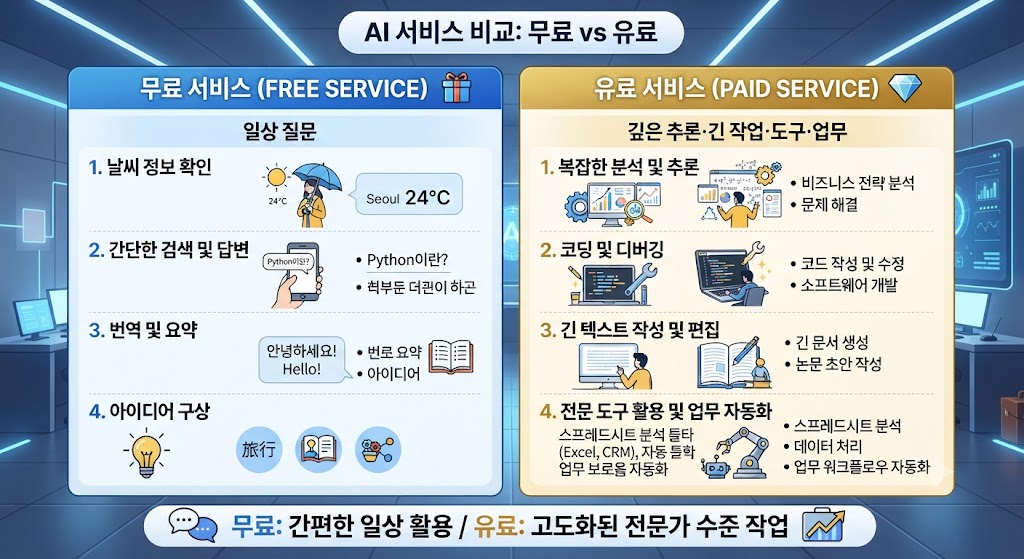 AI 무료는 ‘일상 질문’, 유료는 ‘깊은 추론·긴 작업·도구·업무’로 나눈 비교 이미지