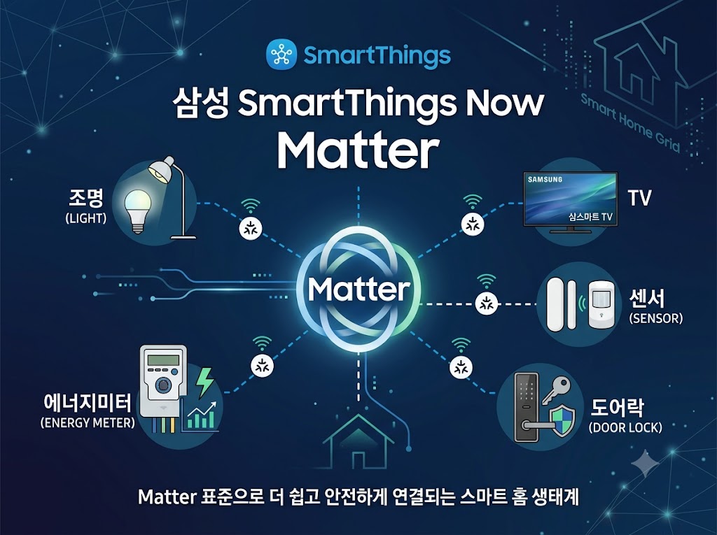 삼성 SmartThings Now의 Matter를 중심으로 조명·TV·센서·도어락·에너지미터가 연결된 인포그래픽