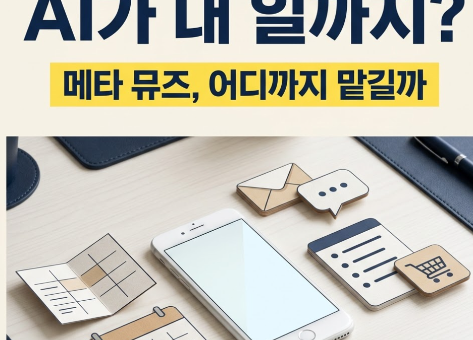 스마트폰 주위의 일정·메일·쇼핑 카드로 메타 뮤즈가 일상적인 일을 돕는다는 개념을 표현한 썸네일