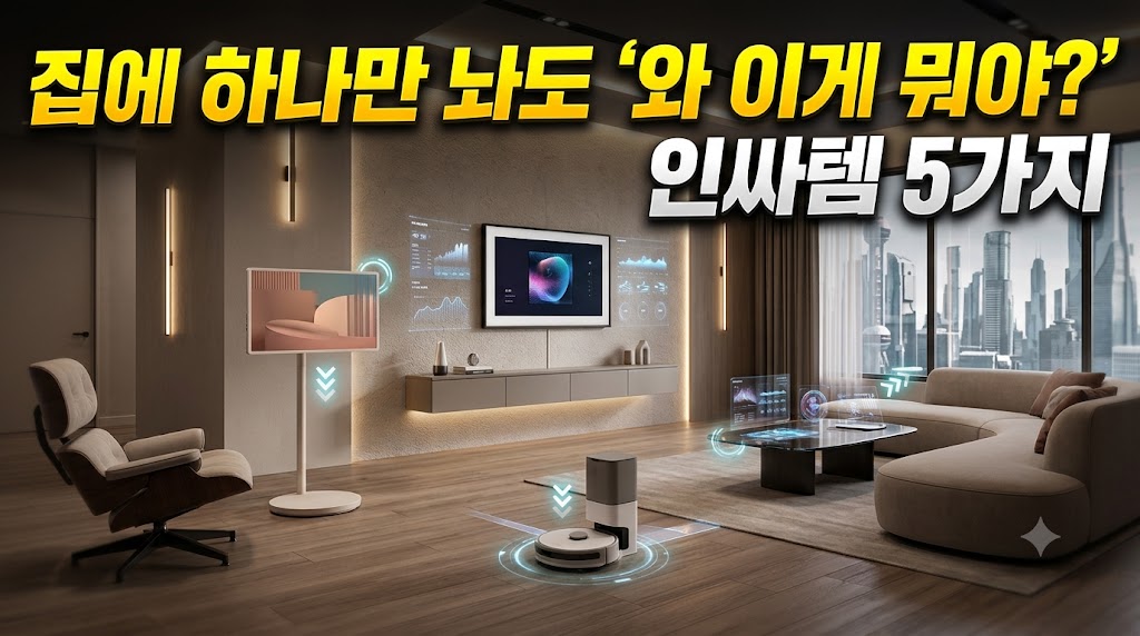 스탠바이미 2 Max·뮤직 프레임·로봇청소기·스마트조명이 있는 미래형 거실 이미지