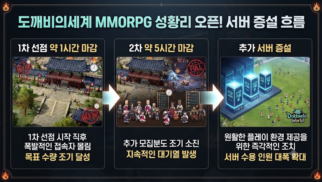 도깨비의세계 ﻿1차 선점 약 1시간 마감 → 2차 약 5시간 마감 → 추가 서버 증설 흐름