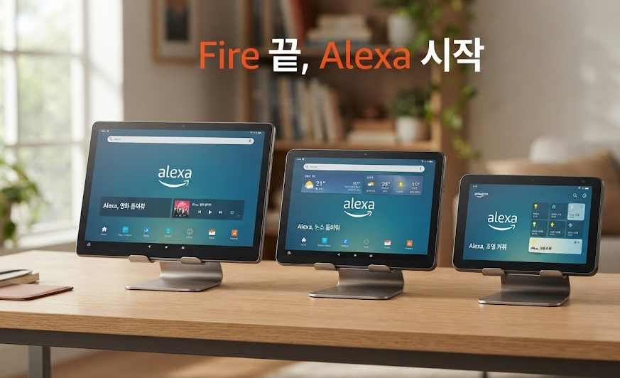 Alexa Tablet 12 Pro·11·8 세 모델을 나란히 배치하고 ‘Fire 끝, Alexa 시작’ 문구를 넣은 대표 이미지