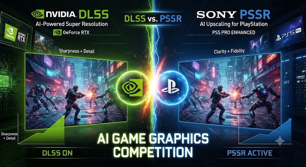NVIDIA DLSS와 Sony PSSR을 중심으로 AI 게임 그래픽 경쟁을 표현한 이미지