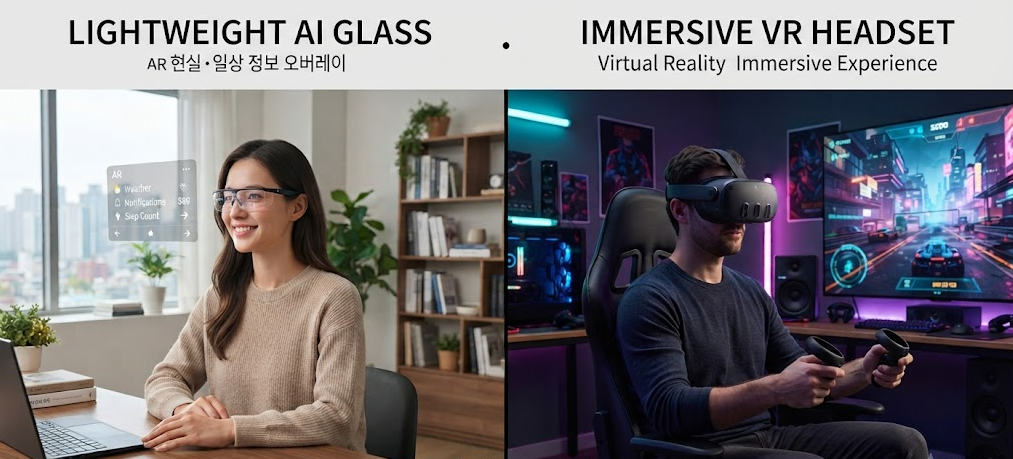 가벼운 AI 글래스와 몰입형 VR 헤드셋을 좌우 비교한 이미지.