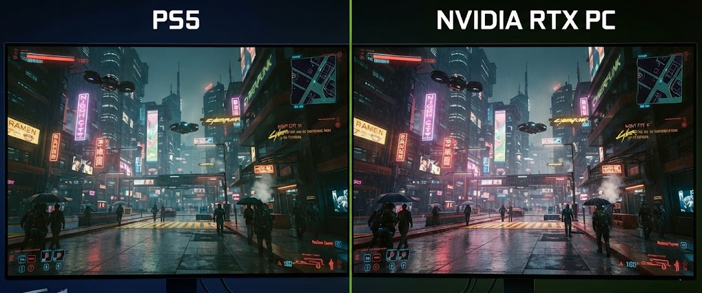 같은 사이버펑크 도시를 PS5와 NVIDIA RTX PC로 좌우 비교하는 이미지