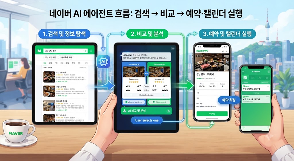 검색 → 비교 → 예약·캘린더 실행으로 이어지는 네이버 AI 에이전트 흐름