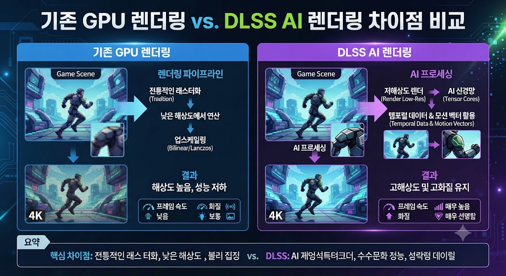 기존 GPU 렌더링과 DLSS AI 렌더링의 차이를 쉽게 설명하는 인포그래픽