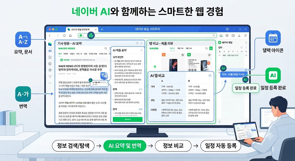 네이버 ai 웹페이지 요약·번역·탭 비교·캘린더 일정 등록을 한 화면에 보여주는 인포그래픽